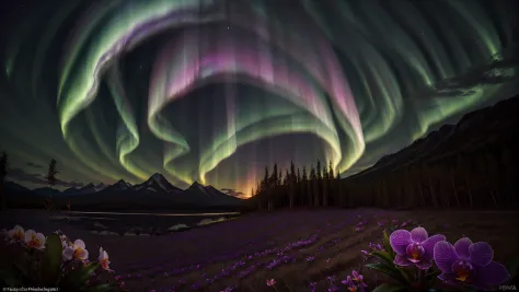 "Spectrolite Witness" - Awe-inspiring, intricate, prismatic depiction of the vibrant auroras in the northern skies, draped in an...