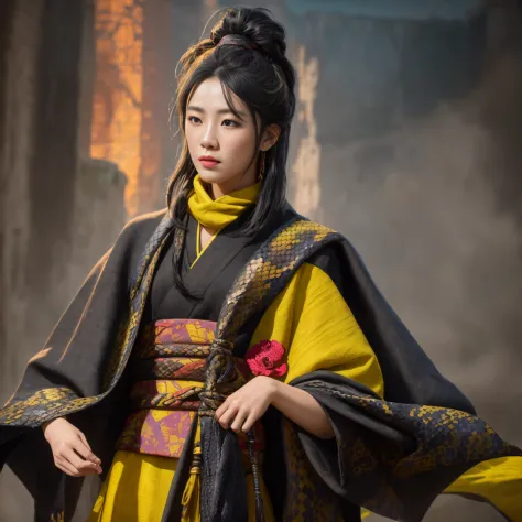 8K quality,1 girl，Backstreets，Side 32K，exteriors，Roof，People are small（tmasterpiece，k hd，hyper HD，32K）Long flowing black hair，Tang dynasty complex，zydink， a color，废墟（canyons）， （Linen batik scarf）， Combat posture， looking at the ground， Linen bandana， Chine...