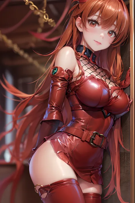 (16ｋ,Raw photography,top-quality,hight resolution,Ray tracing,PBR Texture,Post-processing,),(((Dark Red Leather Bondage Skirt , Cute anime girl,Soryu Asuka Langley,long brown hair,Big breasts that emphasize cleavage,bare hand,perfect hand,Elaborate hand de...