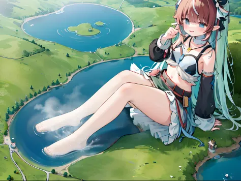 1girll，Clouds， ln the forest，mountain ranges，koyama， Small lake，Masterpiece, Best quality, Highly detailed,Masterpiece,Best quality,offcial art,Extremely detailed Cg Unity 8K wallpaper，{{{Giantess}}}，Giant，Miniature village，without wearing shoes，smiling ex...