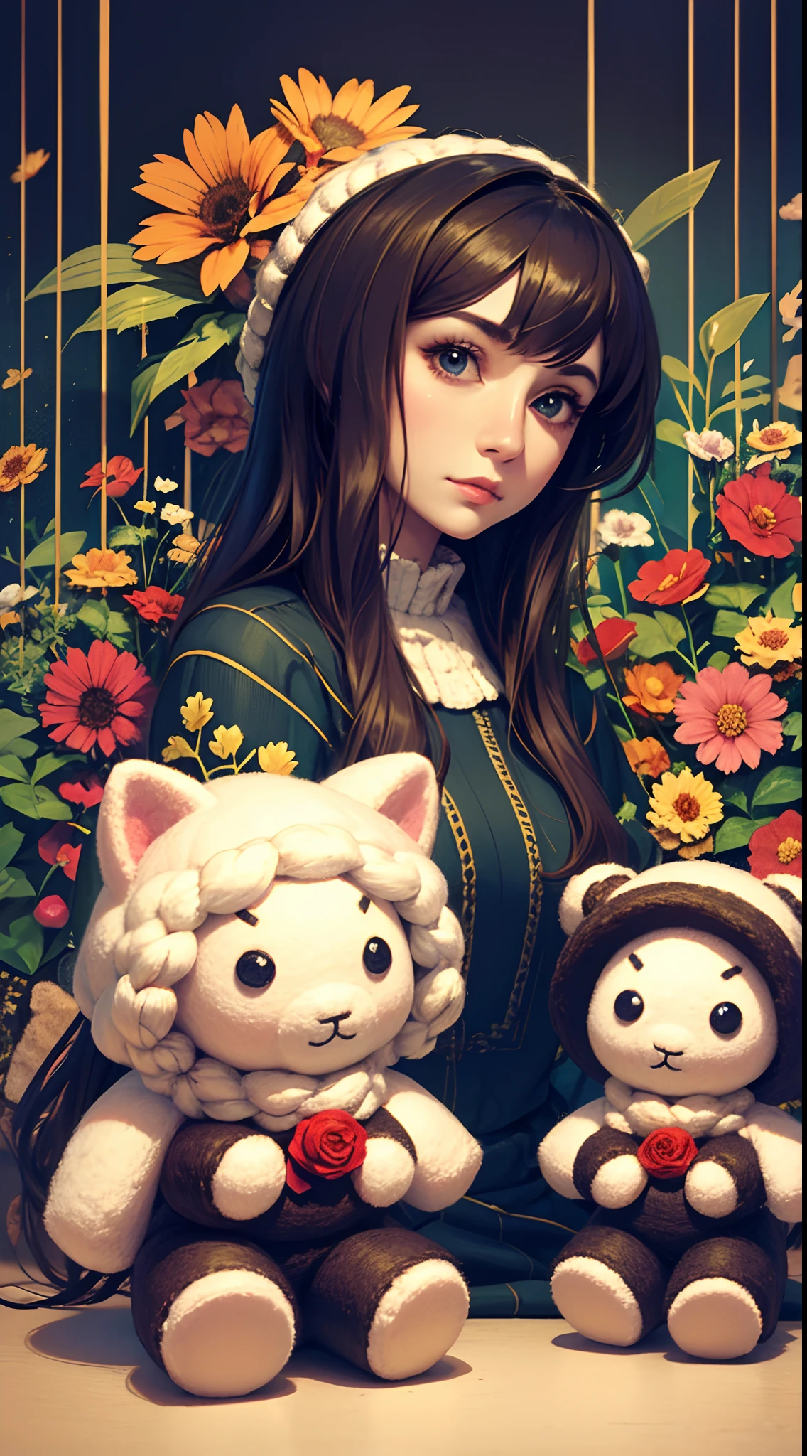 A wool felt doll surrounded by various flowers，Dolls have real faces，The clothes and hair are made of wool felt。a warm color palette，