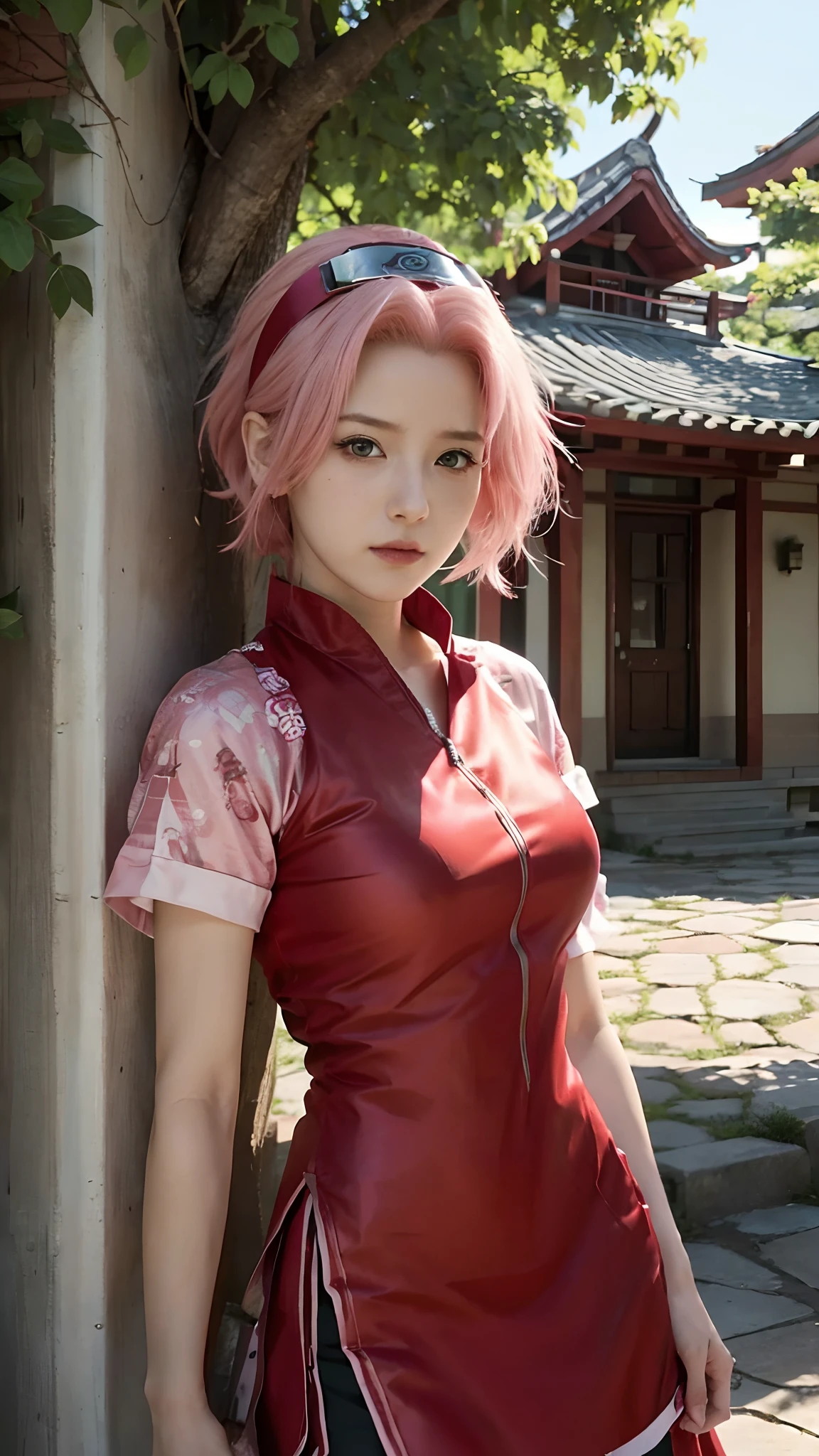 Real life adaption of this character,her name is sakura haruno from anime Naruto,she has a realistic same pink hair with a red headband, realistic same outfit, realistic same apron, beautiful korean teen face, she has green eyes color, realistic light, realistic shadow, realism, hyper realistic,(photorealistic:1.2), realistic background