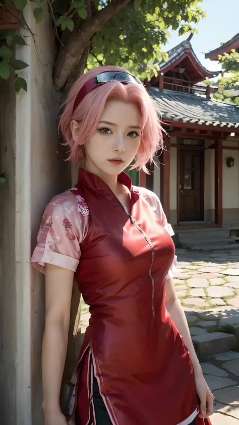 Real life adaption of this character,her name is sakura haruno from anime Naruto,she has a realistic same pink hair with a red h...