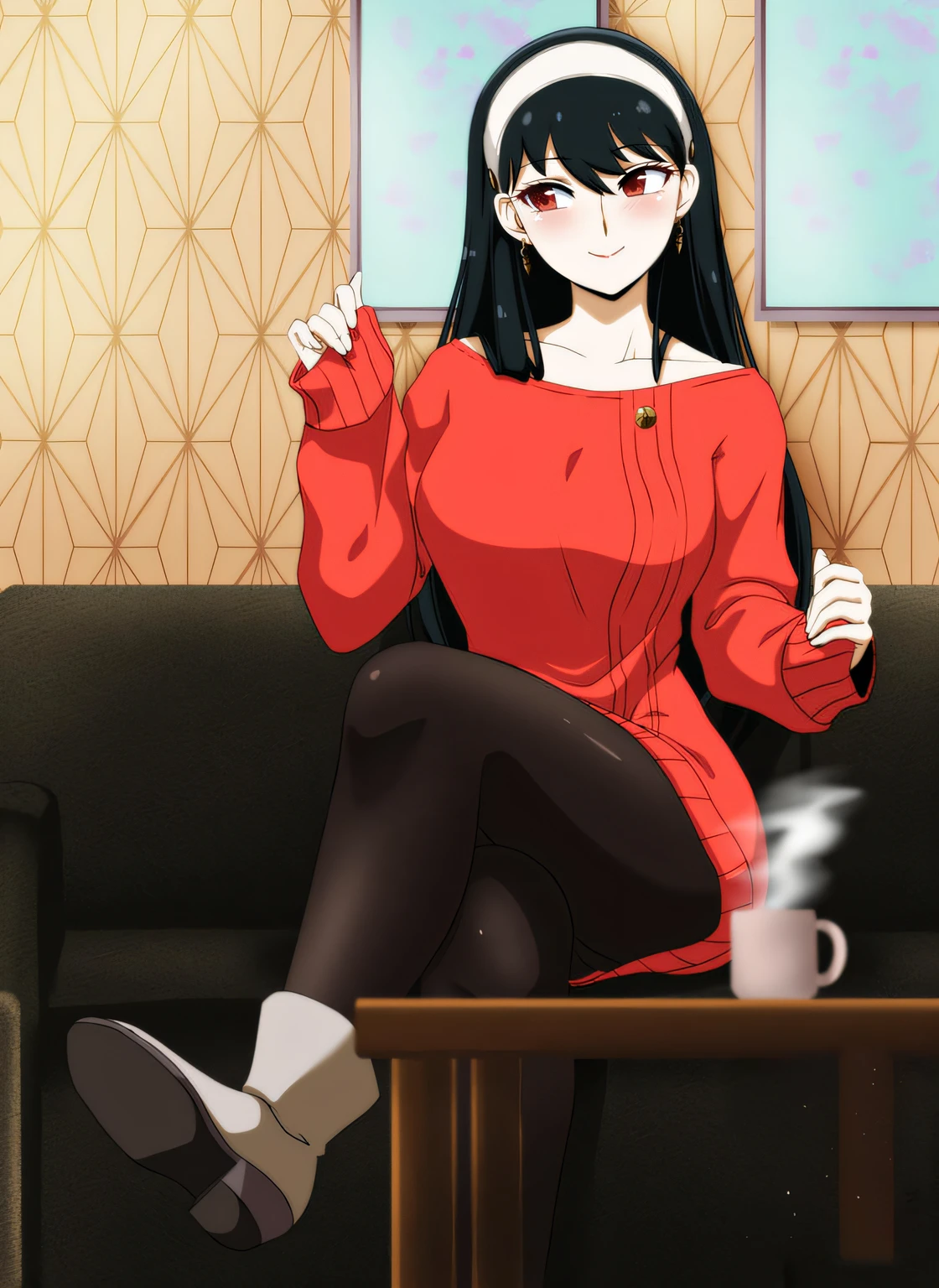 Anime girl sitting on a couch with a cup of coffee - SeaArt AI