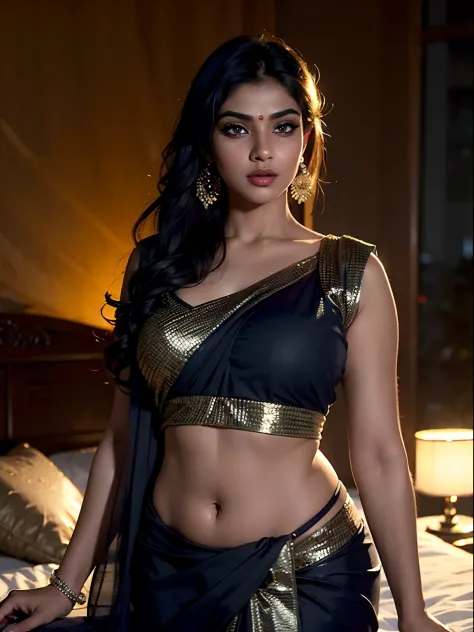 ((A dusky girl wearing saree)), gorgeous, seductive eyes, sexy body, curvy body, realistic, perfect face, night lighting, extreme detailed, full body view,(( detailed face, perfect lips, perfect nose)), posing sexy in bed, ((photorealism:1.4))