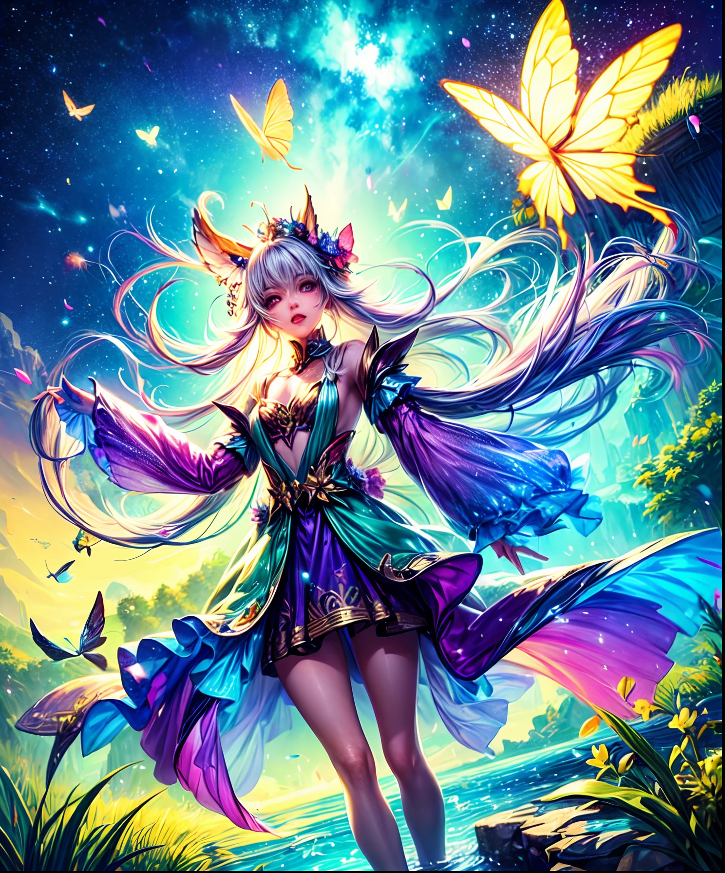 Cute girl characters、green grass々Depicts a butterfly flying over the water, Looking up at the starry sky. Surround her with colorful nebulae and colorful forests.