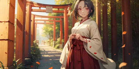 (ahoge, short hair, black hair:1.6), forehead, red eyes, 1girl, petals, 1girl, japanese_clothes, solo, hakama, miko, red_hakama, torii, wide_sleeves, outdoors, looking_at_viewer, standing,  breasts, parted_bangs, bell, long_sleeves, kimono, tree, shrine, j...