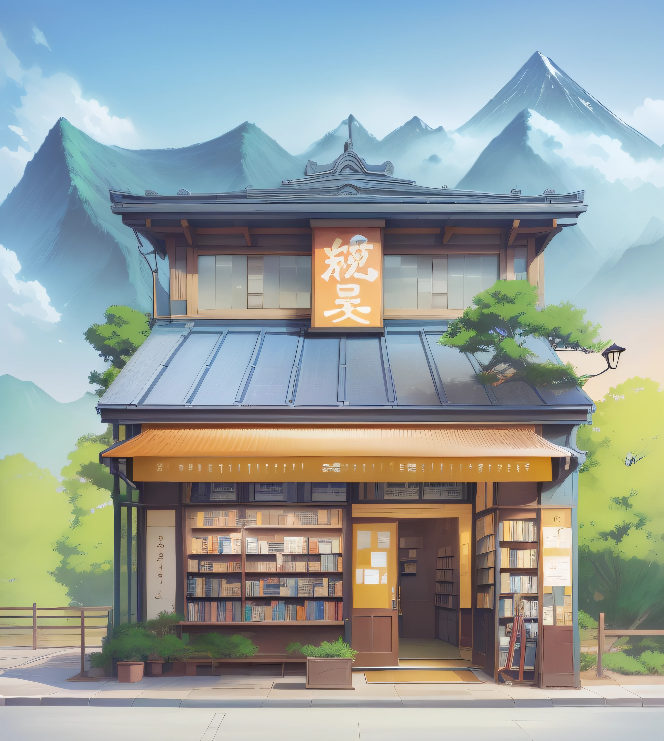 Anime - style bookstore，There is a signboard reading a book in front of the mountain, Anime landscape concept art, Anime background art, Makoto Shinkai's style, library of ruina concept art, ghibli studio anime style, anime backgrounds, traditional japanese concept art, studio glibly makoto shinkai, In Studio Ghibli style, high detailed store, natsume yuujinchou，Q version building,quadratic element,Pure flat wind，