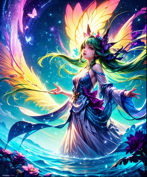 Cute girl characters、green grass々Depicts a butterfly flying over the water, Looking up at the starry sky. Surround her with colo...