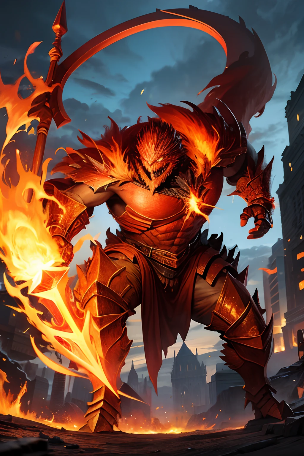 Giant Flaming golem monster with battle axe with armor - SeaArt AI