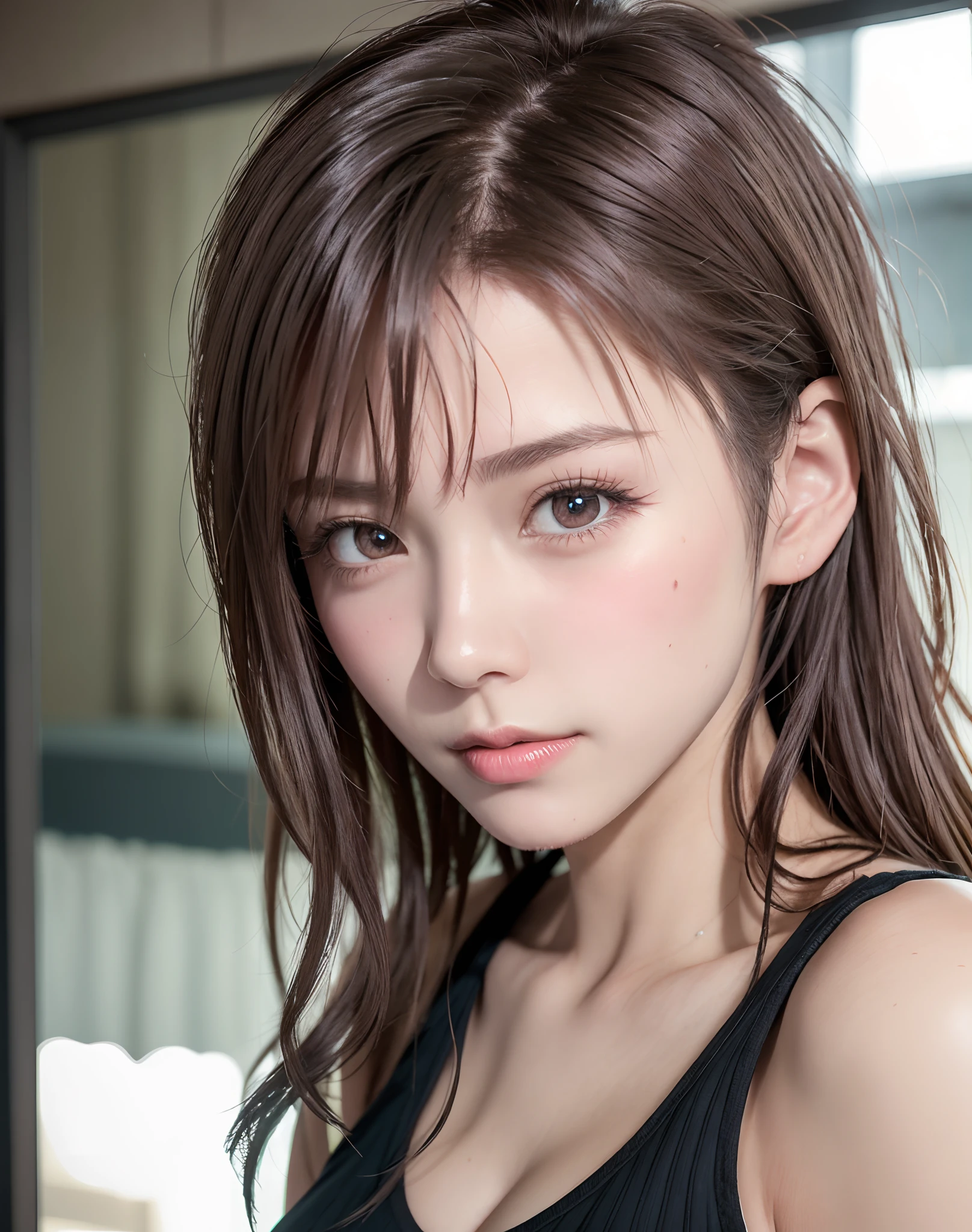 high quality picture, masutepiece, detailed hair texture, Detailed skin texture, Detailed Cloth Texture, 8K, Add fabric details, ultra detailed skin texture, ultra detailed photographic, Skin pores, Portrait of a girl, wearing tank top,