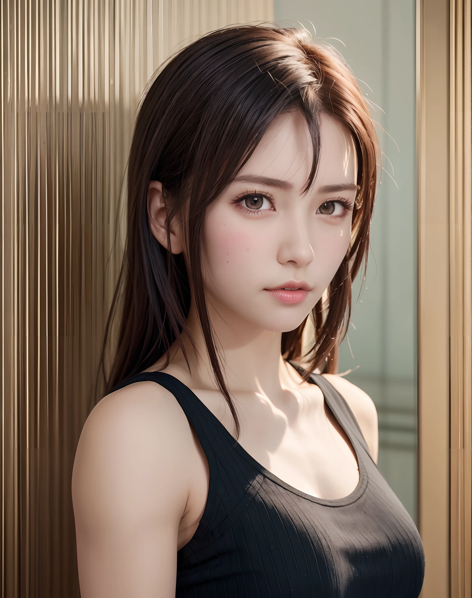 high quality picture, masutepiece, detailed hair texture, Detailed skin texture, Detailed Cloth Texture, 8K, Add fabric details, ultra detailed skin texture, ultra detailed photographic, Skin pores, Portrait of a girl, wearing tank top,