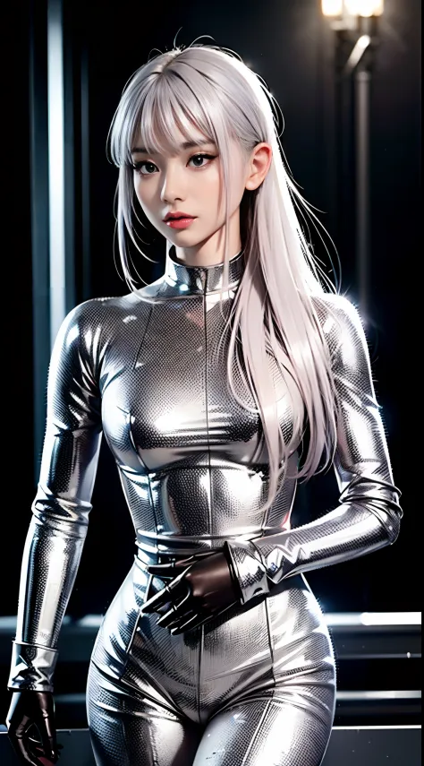 The woman with glistening platinum hair, clad in shiny armor, confidently gripping a Gatling gun.