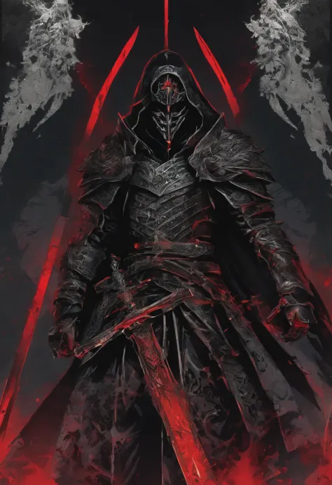 Priest Warrior, his two hands are holding two great dark blades that scrap the floor, full body, 2 red lights are coming from his eyes, dark fantasy style, Clothes and armor dyed in black, with a hood that's masking his face,
