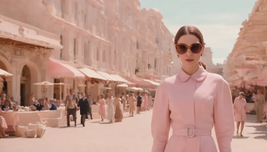 8k video clip of a 1960s science fiction film by Wes Anderson, Vogue anos 1960, pink pastel colors, old futuristuc city and old ornaments with mechanical pets in town, Luz Natural, Psicodelia, futurista estranho, fotorrealista, hiper detalhado, foco nítido...