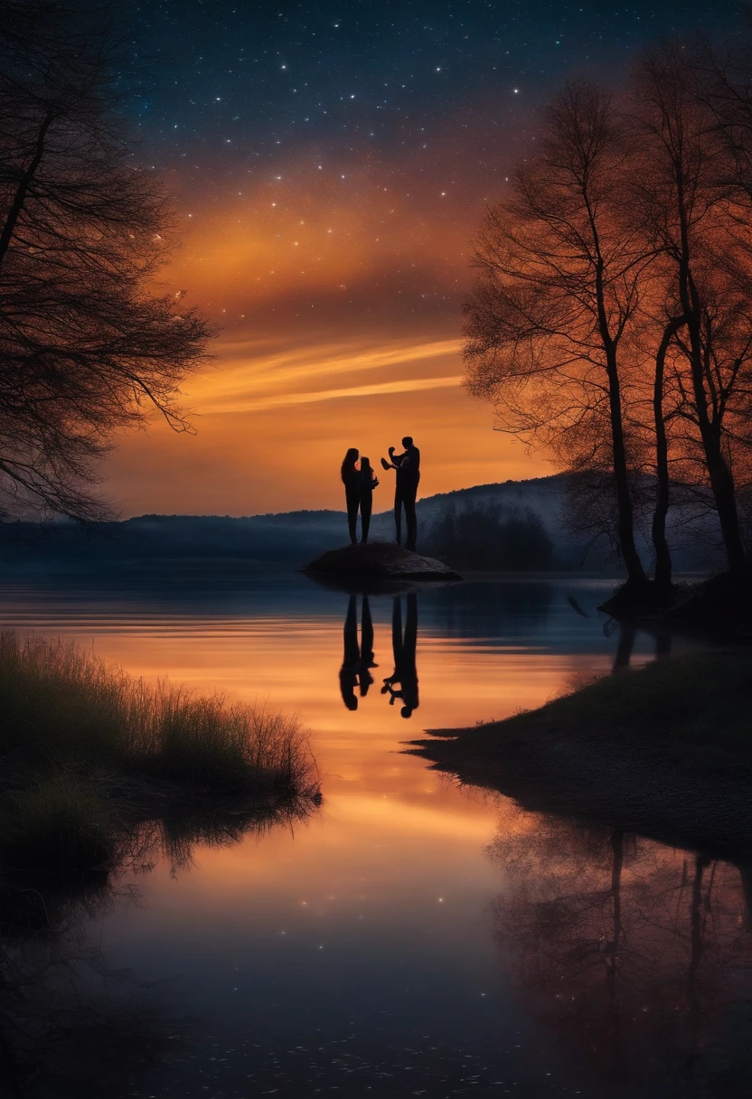 我想要一张星空夜景照片，背景是蒙太奇，湖面有倒影，湖面两边的陆地上有两个人