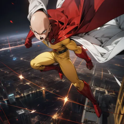 masterpiece, best quality, 1boy, (saitama), bald head, black eyes, red gloves, red full boots, Yellow clothes, white cape, flyin...