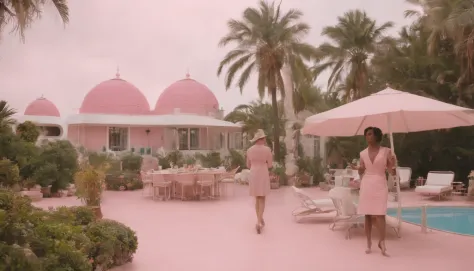 8k video clip of a 1960s science fiction film by Wes Anderson, Vogue anos 1960, pink pastel colors, Cafe, Restaurant old futuristuc city Neon ligts, skyscrapers, full streat with people. palm trees, mansion, doll house style and old ornaments with mechanic...