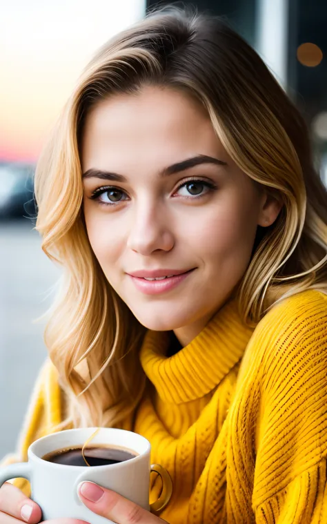 beautiful blonde wearing yellow sweater (sipping coffee inside a modern café at sunset), very detailed, 19 years old, innocent face, natural wavy hair, brown eyes, high resolution, masterpiece, best quality, intricate details, highly detailed, sharp focus,...