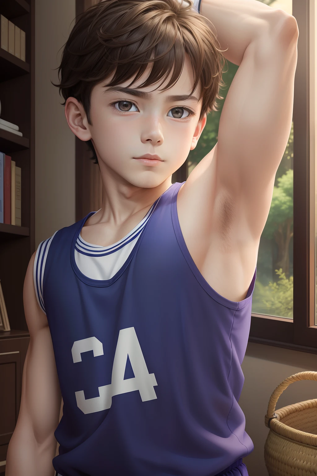 highres,Masterpiece， Best quality at best,Best Quality,hight quality, hight detailed, realistic, photorealistic, Anime style, 1boy, Little Boy, indoor, Cheerful boy, basket uniform,Tank Tops, (show his armpit, focus on the armpit, zoom in to the armpit), boy focus