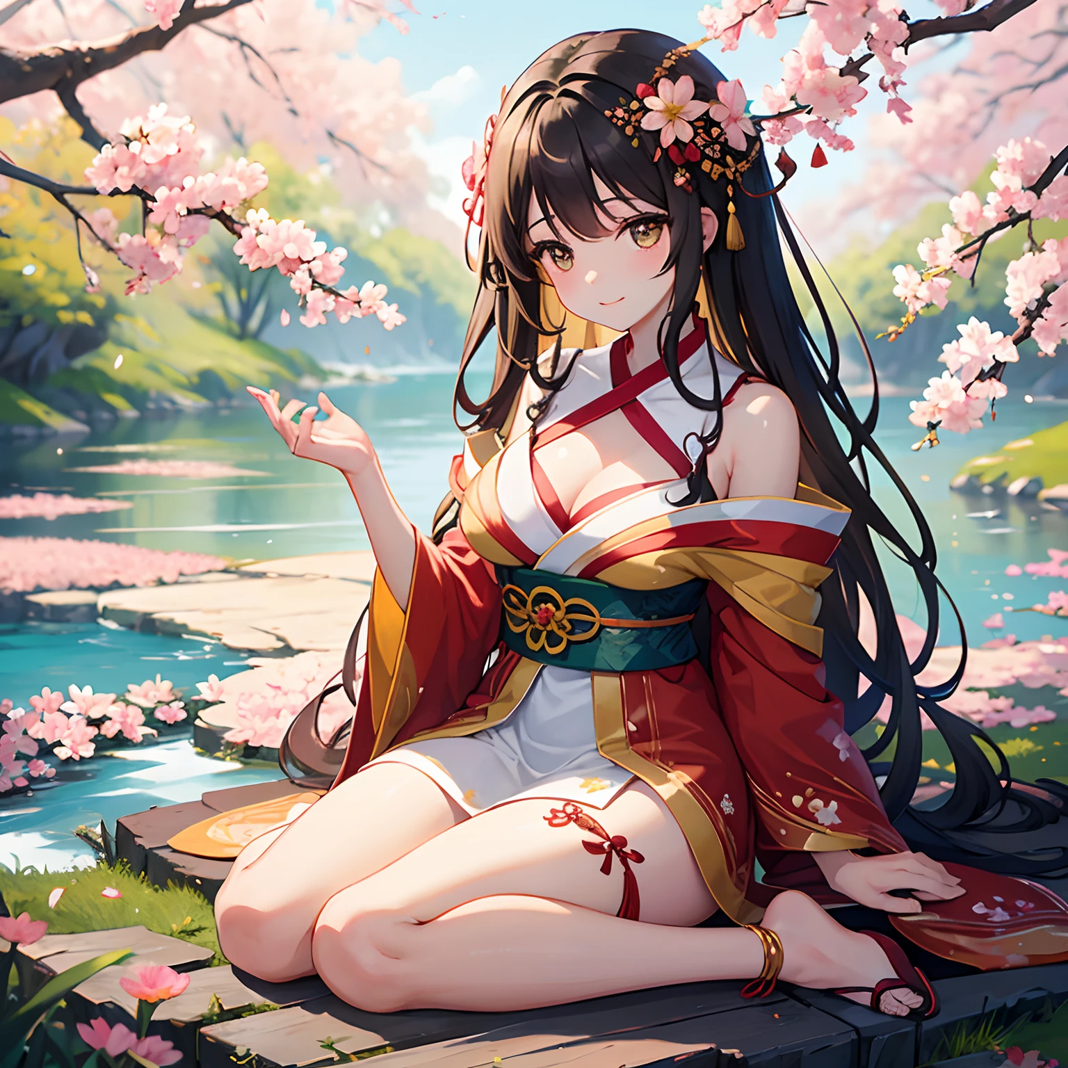 (masterpiece), best quality, 8k resolution, sharp focus, intricate detail, Shibeka Hanagi is a picturesque embodiment of nature's beauty and tranquility. Her dark brown hair, enriched with subtle red highlights, evokes the warm and earthy hues of blooming flowers and fertile soil. Cascading gracefully down to her waist, her straight hair is delicately woven with a few real flowers, which mirror her deep love for the natural world. Her skin boasts a warm tan, a testament to her profound connection with nature. Her expression is gentle and nurturing, marked by a serene smile that radiates kindness and serenity. Her hazel eyes reflect the earth's colors, embodying the very essence of the world around her. Adorned in a traditional kimono, adorned with a floral pattern, and wooden sandals, her clothing is a homage to nature's beauty. Shibeka Hanagi's petite and graceful body exudes a natural elegance that seems to harmonize with the world she cherishes. In a specific pose, she is often found sitting beneath a cherry blossom tree, enveloped by falling petals, which signifies her deep-rooted connection to the tree and its blossoms. This serene view is best appreciated from a low angle, capturing her profound bond with nature and the tree.