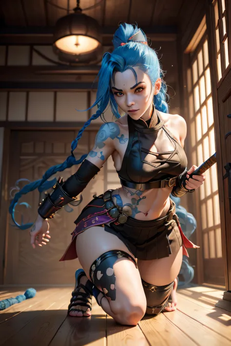 Imagine an image of incredible thoroughness and fidelity of the iconic League of Legends character, Jinx, practicing kendo with an outfit to suit her unique style. The scene takes place in a traditional Japanese dojo, where the atmosphere is both solemn and electrifying.

Jinx, recognizable by his tousled blue hair and mischievous gaze, wears a kendo outfit that combines the traditional and the extravagant. She wears a black keikogi and a slightly torn hakama, giving the impression of controlled chaos. Knee-high socks with explosive patterns emerge from her kendo sandals, adding a touch of madness to its appearance.

Dans ses mains, Jinx tient un shinai (Bamboo Training Saber) custom, with a handle decorated with chaotic patterns and lightning bolts, in keeping with his unique style. A mischievous smile flashes across her face as she prepares to face her opponent, ready to unleash her devastating madness on the tatami.

The ultra-precise details of Jinx's face captivate, revealing every tattoo, every piercing and every signature expression of this iconic character. His eyes burning with determination reflect his fighting spirit and passion for chaos.

The dojo is immersed in a subdued light, creating a mysterious atmosphere. Traditional tatami mats and wooden sliding doors add a touch of authenticity to the scene, while rays of sunlight filtered through the windows create light patterns on the floor.

This incredibly detailed and accurate image of Jinx practicing kendo in an outfit to suit his unique style is a true work of art that transports viewers into the captivating world of League of Legends. It captures the explosive energy and eccentric charm of this legendary character, while paying homage to the Japanese martial art of kendo.