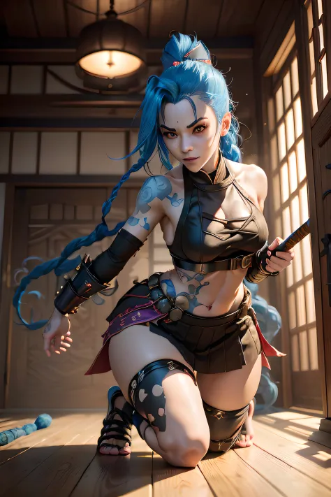 Imagine an image of incredible thoroughness and fidelity of the iconic League of Legends character, Jinx, practicing kendo with an outfit to suit her unique style. The scene takes place in a traditional Japanese dojo, where the atmosphere is both solemn an...