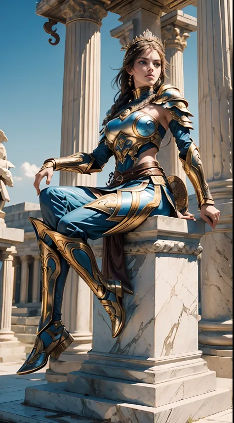 (Best Quality), (Queen of Sparta, Long Brown Braid, athletic, beatiful face, Clear blue eyes), Sitting on a marble column,anatomically correct, Spartan armor, in an ancient city, bright sunny day