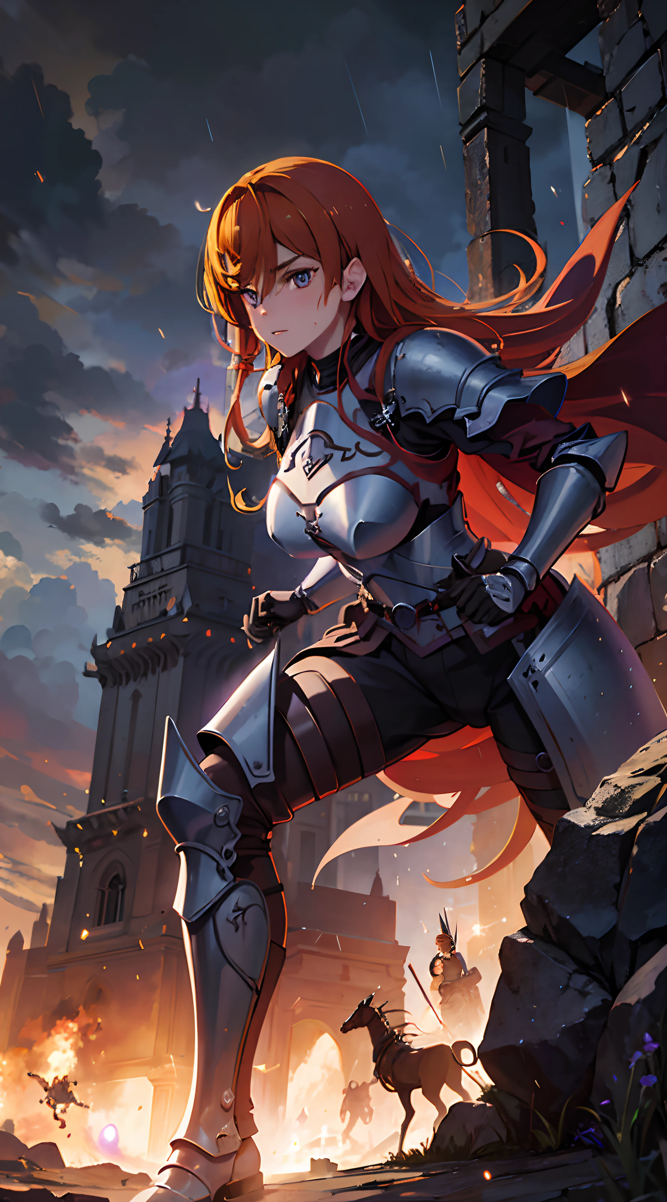 Orange hair, purple armor, purple eyes, light bearer warriors, medieval city, dark, battle, epic, war, surrealism, 8k, super detail, war, battle against demons, darkness, horror, rain, hold a sword