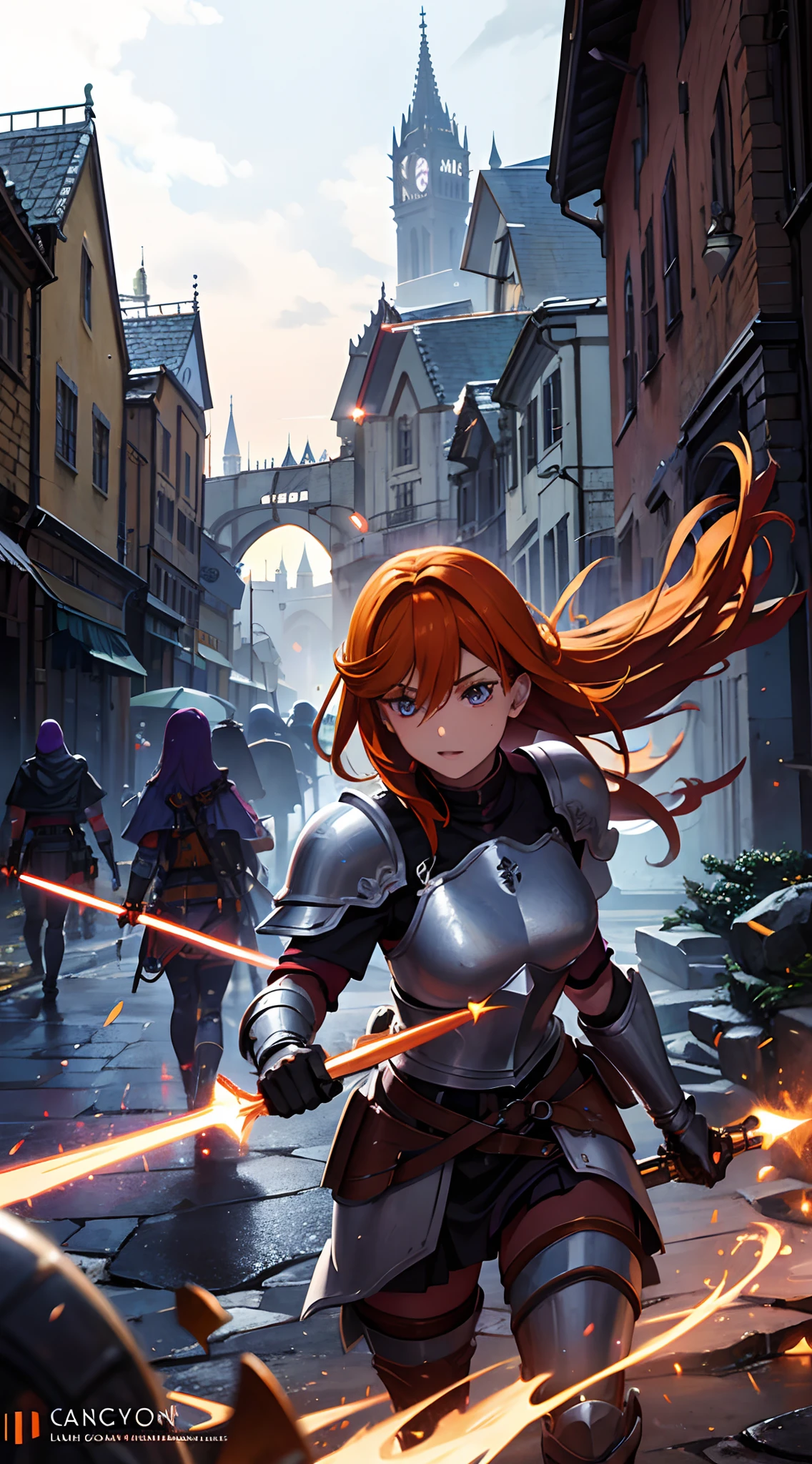 orange hair, purple eyes,purple armor, light bearer warriors, medieval city, dark, battle, epic, war, surrealism, 8k, super detail, war, battle against demons, darkness, horror, rain, detail eyes,Beautiful eyes