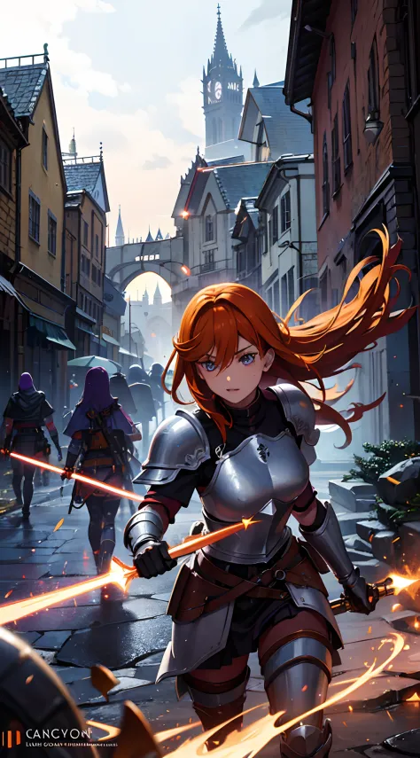 orange hair, purple eyes,purple armor, light bearer warriors, medieval city, dark, battle, epic, war, surrealism, 8k, super deta...