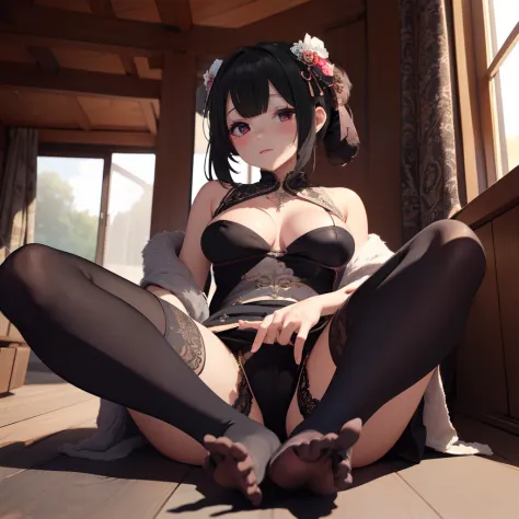 ((Best quality)), ((Masterpiece)), ((Ultra-detailed)), (illustration), (Detailed light), (An extremely delicate and beautiful),A charming young girl,Dramatic perspective,(Footjob),(lacy stockings),NSFW,huge tit