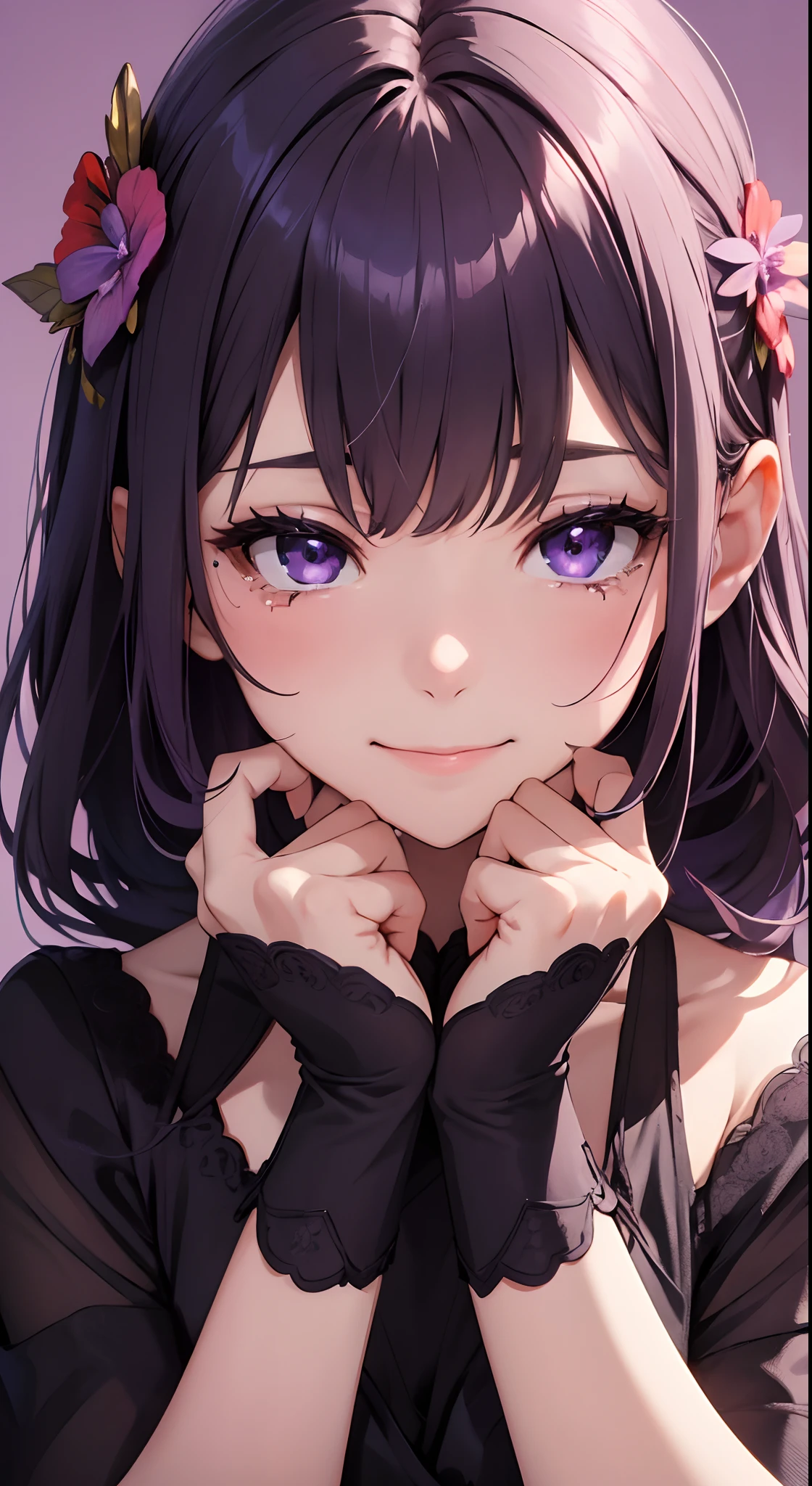 (Masterpiece, best quality),, solo, 1girl on the purple background, hair decorated, close up, high detailed, very detailed,, blush, smirk, smile, (cry, shed tears, weep), ((minimalist background)), background color only