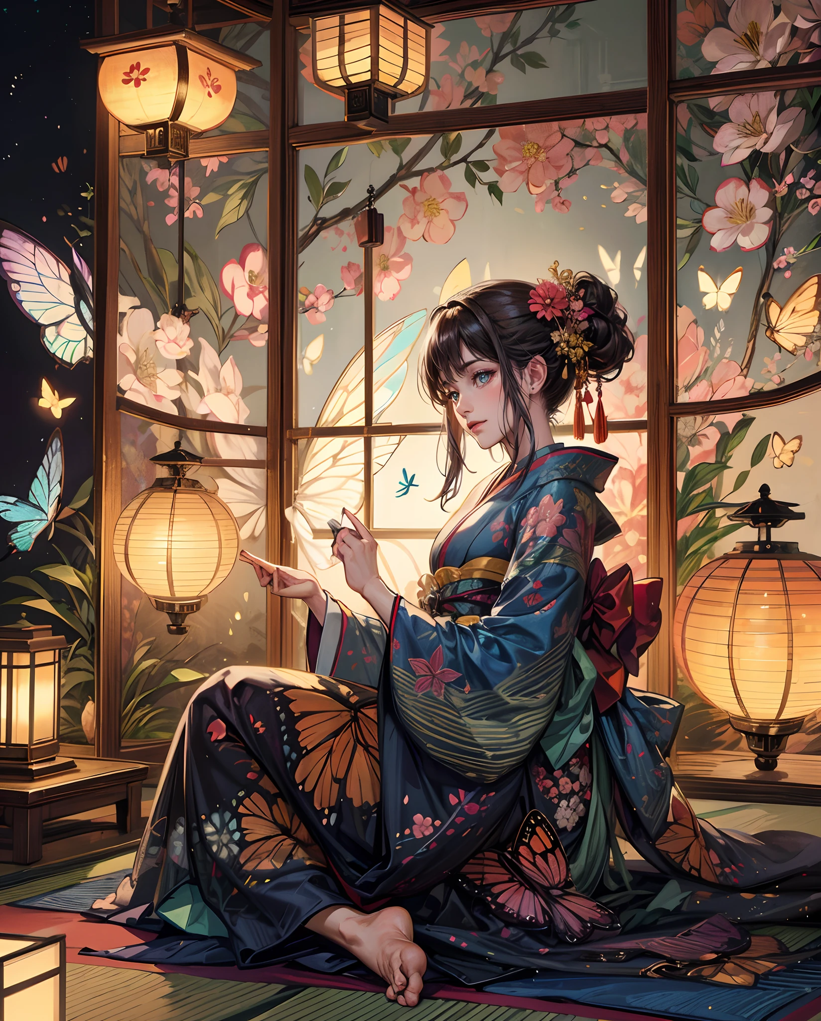 **A woman dressed in a gorgeous and beautiful uchikake with butterflies and flowers and holding a kiseru in her hand is relaxing in the tatami room. She has a beautiful face and shining eyes of vivid colors. She is dressed in a luxurious and colorful kimono. A gorgeous folding screen. A lantern is lit in the dimly lit tatami room at night. The detailed drawing. Vivid colors. High image quality.