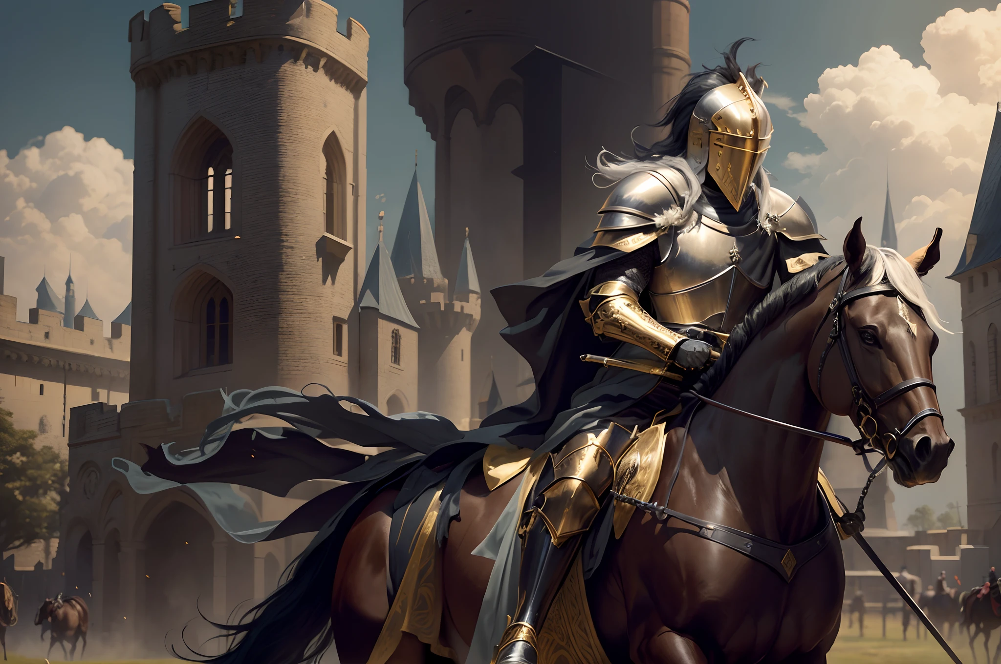 Tournament knight riding a horse in black tournament armor with gold patterns, in a flowing cloak, A lush plume of feathers on the helmet, Against the backdrop of a medieval castle, Side view of rider and horse in full height