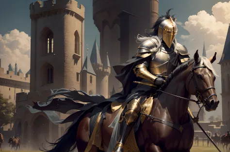 Tournament knight riding a horse in black tournament armor with gold patterns, in a flowing cloak, A lush plume of feathers on t...