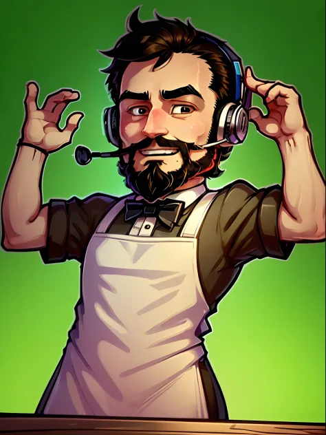 a stickers ,  man  who is a bartender. black short hair and full beard  using a gaming headset. He has a friendly face and wears a bartender's uniform,complete with apron and bow tie, represented with vibrant colors, happy expression, big eyes and a welcom...