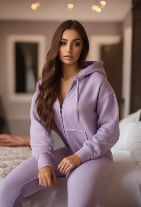 A woman in a purple hoodie and matching pants sits on a bed - SeaArt AI