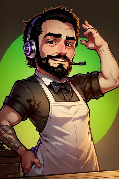 a stickers ,  man  who is a bartender. black short hair and full beard  using a gaming headset. He has a friendly face and wears a bartender's uniform,complete with apron and bow tie, holding  joystick,represented with vibrant colors, happy expression, big...