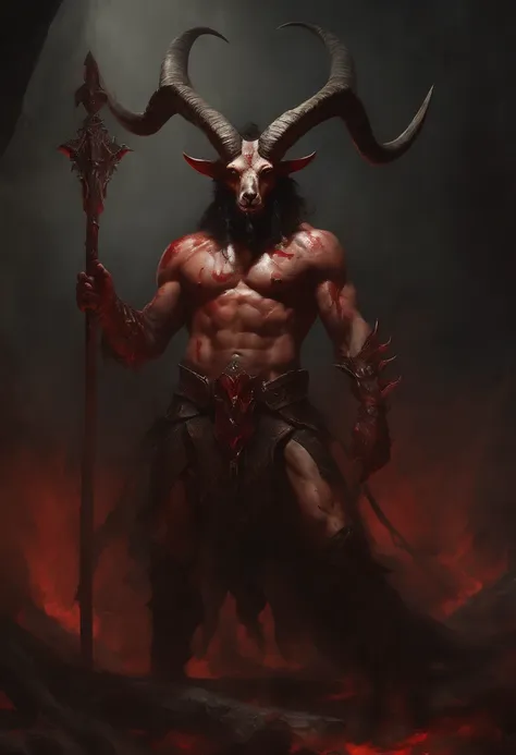 a goat-headed demon with large horns, strong and strong upper body ...