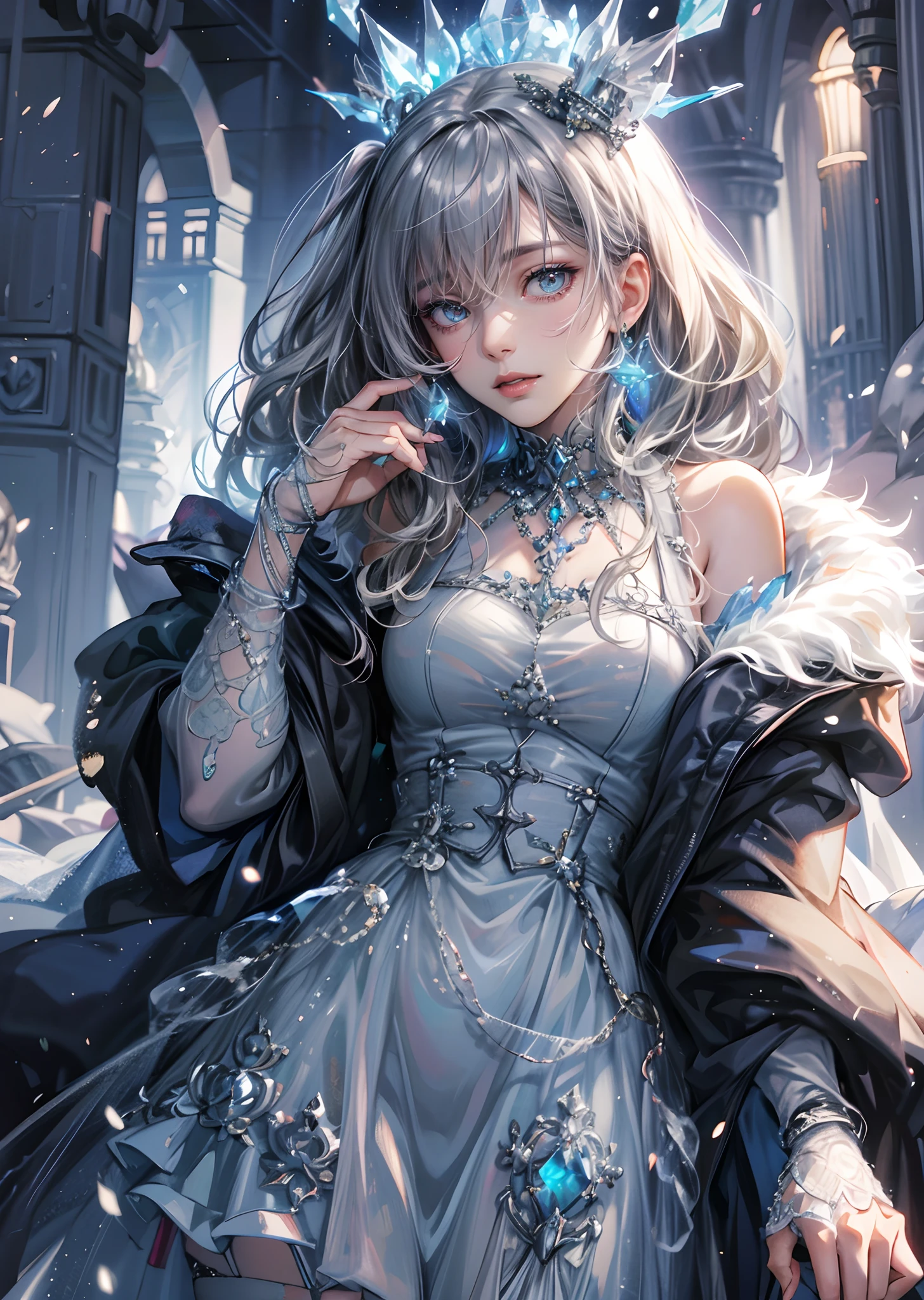 fine illustration,ultra detailed,highres,from below,cool beauty,gramer woman, cute pose,gothic_ice dress,silver_glistening long hair,ice queen,ice world,ice crystals flowers,detailed bodysuit with glittery kaleido decoration, detailed layered skirt, detailed embroidery, extremely layered frills, detailed texture, detailed pattern,slender and beautiful legs, --niji 5** - (fast)