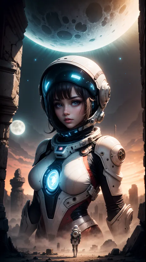 An otherworldly landscape bathed in the soft, ethereal light of multiple moons, where a closeup beautyful girl in a futuristic spacesuit gazes up in wonder, surrounded by floating islands and ancient, mysterious ruins.