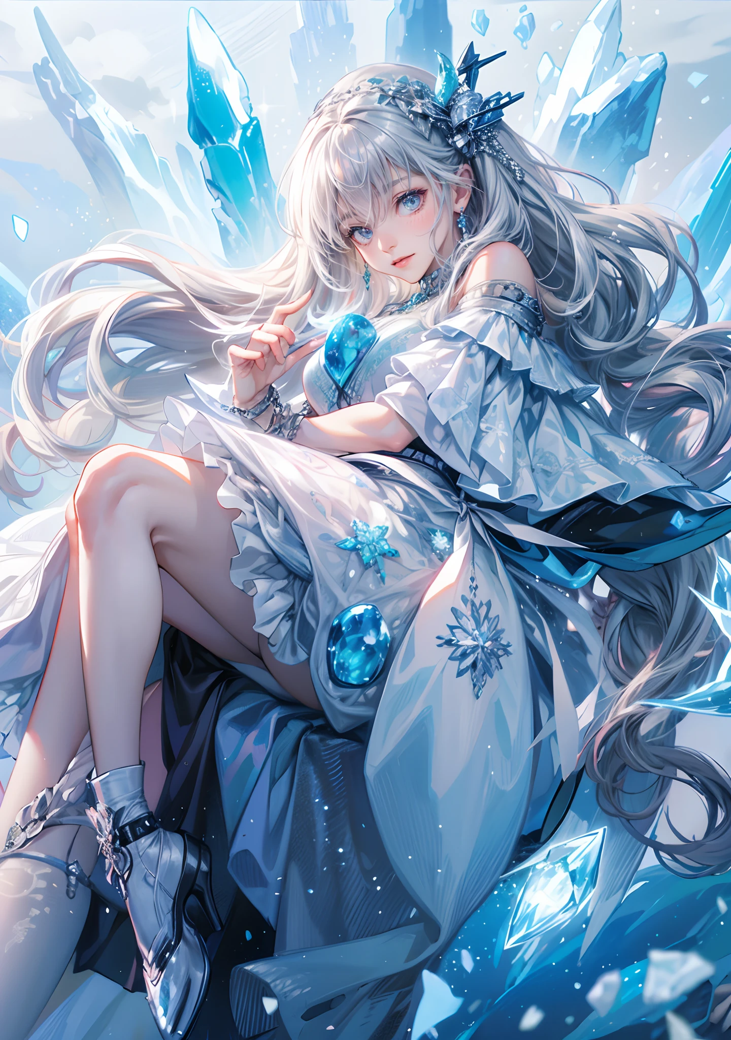 Belle illustration,ultra détaillé,haute résolution,par le bas,beauté cool,femme gramère, Pose mignonne,gothique_robe de glace,argent_cheveux longs brillants,reine des glaces,monde de glace,fleurs de cristaux de glace,body détaillé avec décoration kaléido pailletée, jupe superposée détaillée, broderie détaillée, volants extrêmement superposés, Texture détaillée, modèle détaillé,Jambes fines et belles,