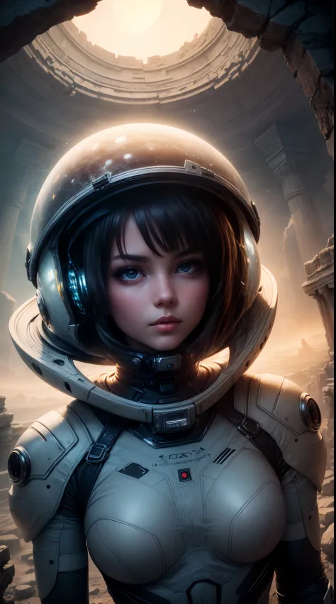 An otherworldly landscape bathed in the soft, ethereal light of multiple moons, where a closeup beautyful girl in a futuristic spacesuit gazes up in wonder, surrounded by floating islands and ancient, mysterious ruins.