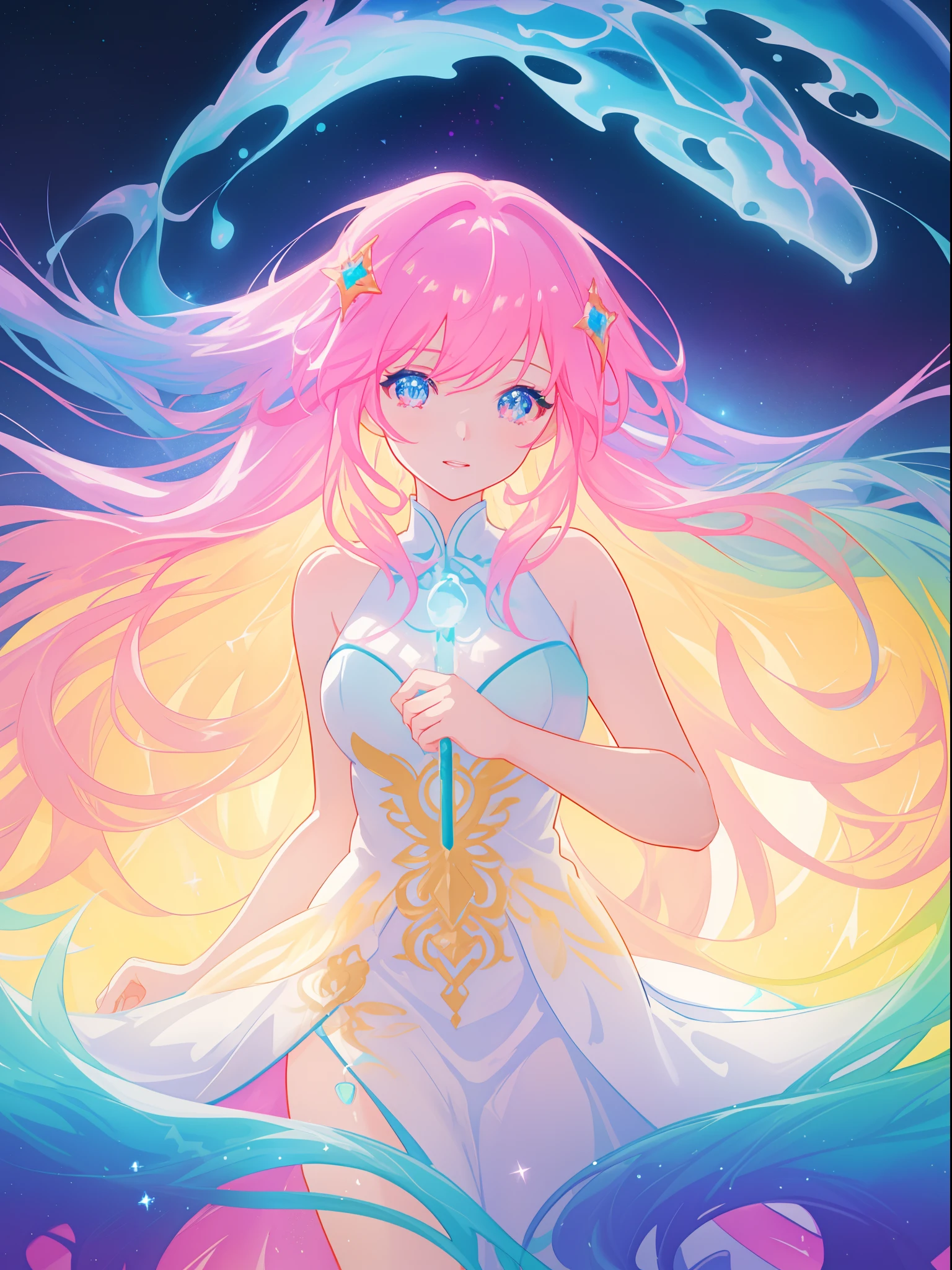 beautiful anime girl in colorful dress made of water, vibrant pastel colors, (colorful), magical liquid lights, colorful long hair made of liquid light, sparkling lines of light, inspired by Glen Keane, inspired by Lois van Baarle, disney art style, by Lois van Baarle, glowing aura around her, by Glen Keane, jen bartel, glowing lights! digital painting, flowing glowing hair, glowing flowing hair, beautiful digital illustration, fantasia background, whimsical, magical, fantasy, beautiful face, ((masterpiece, best quality)), intricate details, highly detailed, sharp focus, 8k resolution, sparkling detailed eyes, liquid watercolor