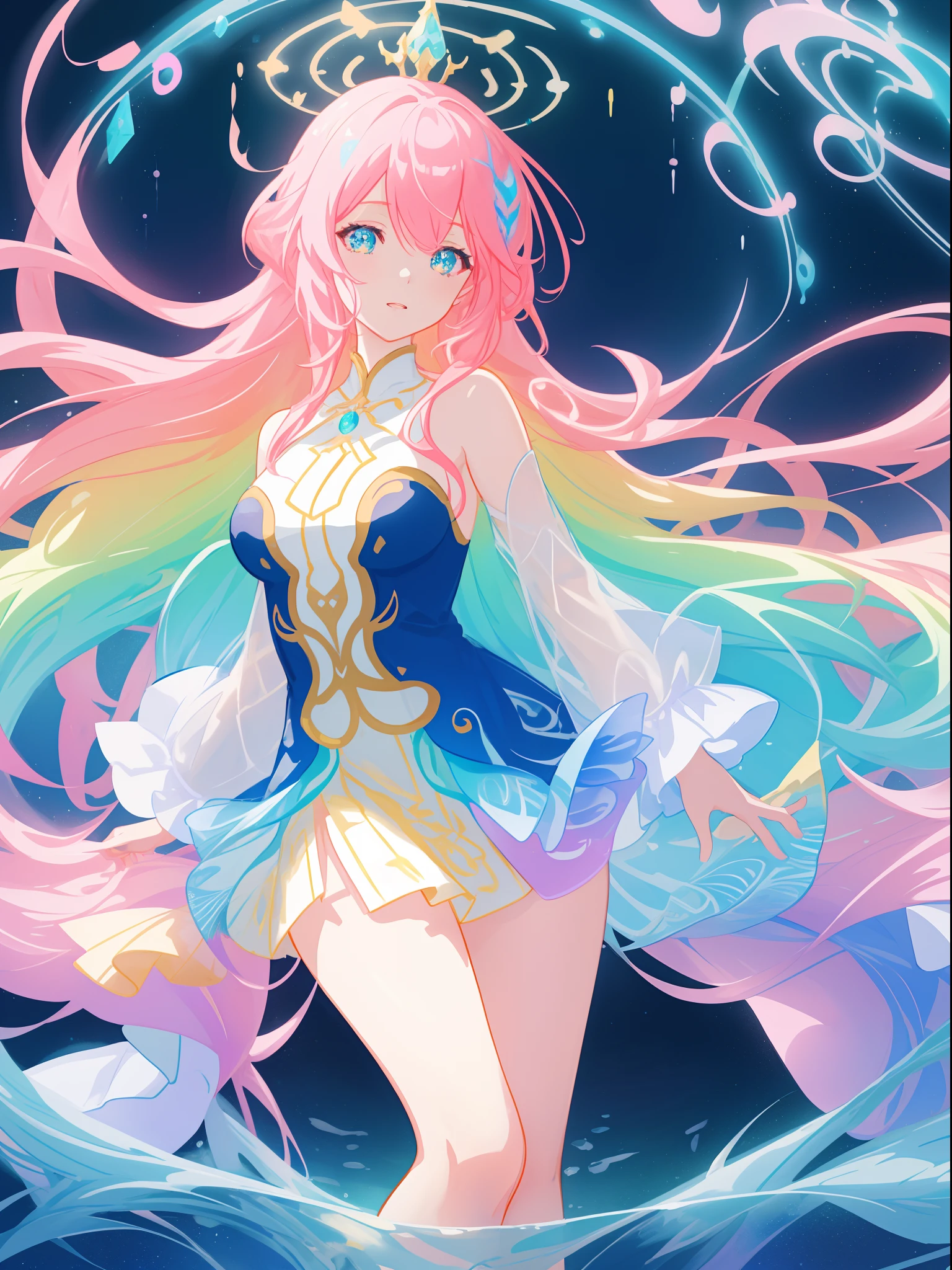 beautiful anime girl in colorful dress made of water, vibrant pastel colors, (colorful), magical liquid lights, colorful long hair made of liquid light, sparkling lines of light, inspired by Glen Keane, inspired by Lois van Baarle, disney art style, by Lois van Baarle, glowing aura around her, by Glen Keane, jen bartel, glowing lights! digital painting, flowing glowing hair, glowing flowing hair, beautiful digital illustration, fantasia background, whimsical, magical, fantasy, beautiful face, ((masterpiece, best quality)), intricate details, highly detailed, sharp focus, 8k resolution, sparkling detailed eyes, liquid watercolor