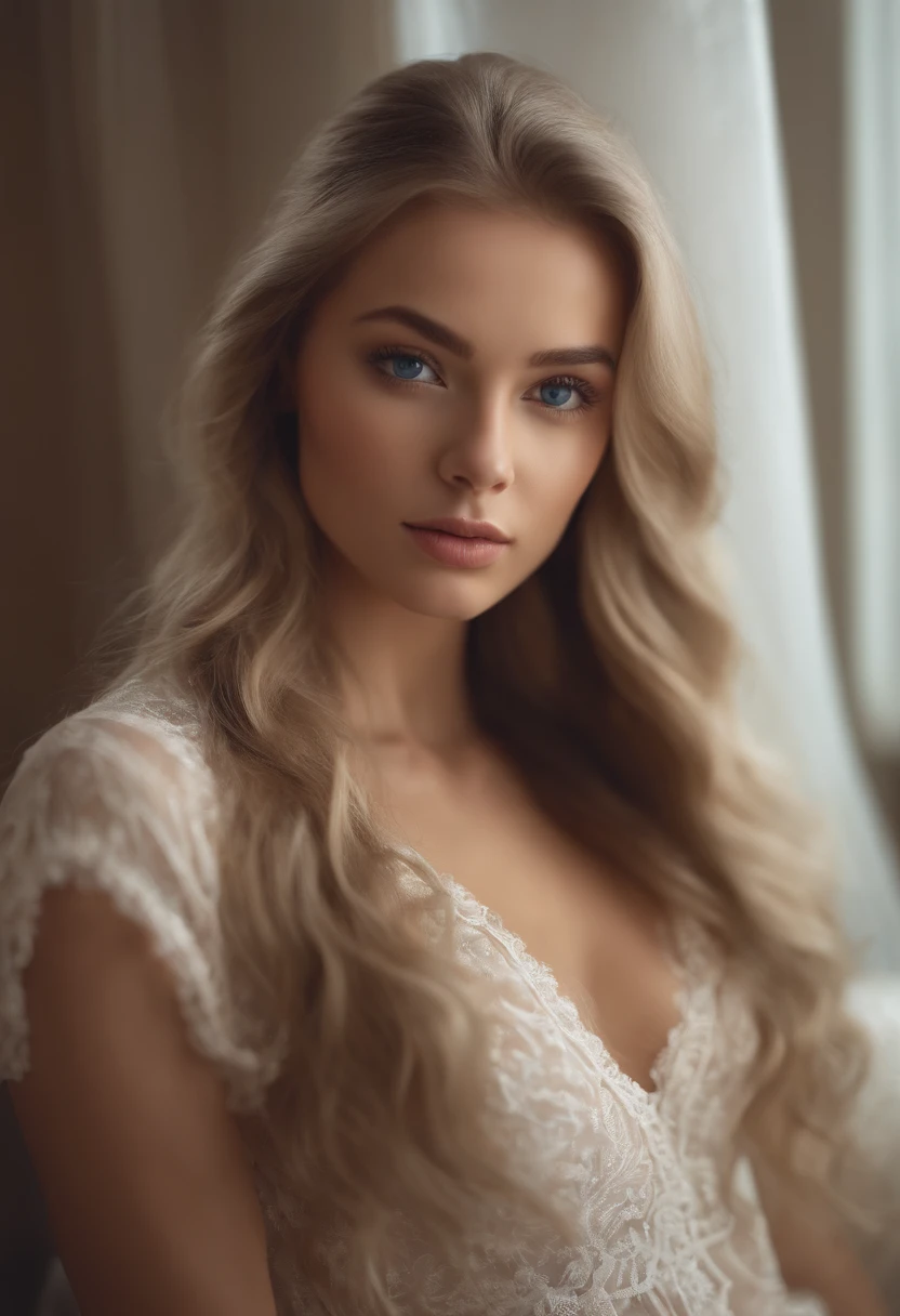 arafed femme pleinement , fille sexy aux yeux bleus, Ultra réaliste, minutieusement détaillé, Portrait Sophie Mudd, cheveux blonds et grands yeux, selfie d&#39;une jeune femme, yeux de la chambre, violette myers, sans maquillage, maquillage naturel, regarder directement la caméra, visage avec artgram, maquillage subtil, superbe photo de tout le corps à genoux sur le lit, dans la chambre, Très NSFW