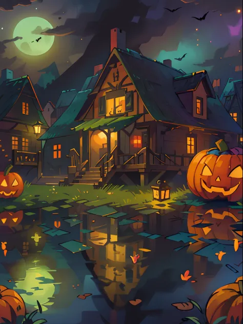 halloween floating lights, cinematic light and reflection, glowing lights, houses halloween themes，digital painting, glowing ref...