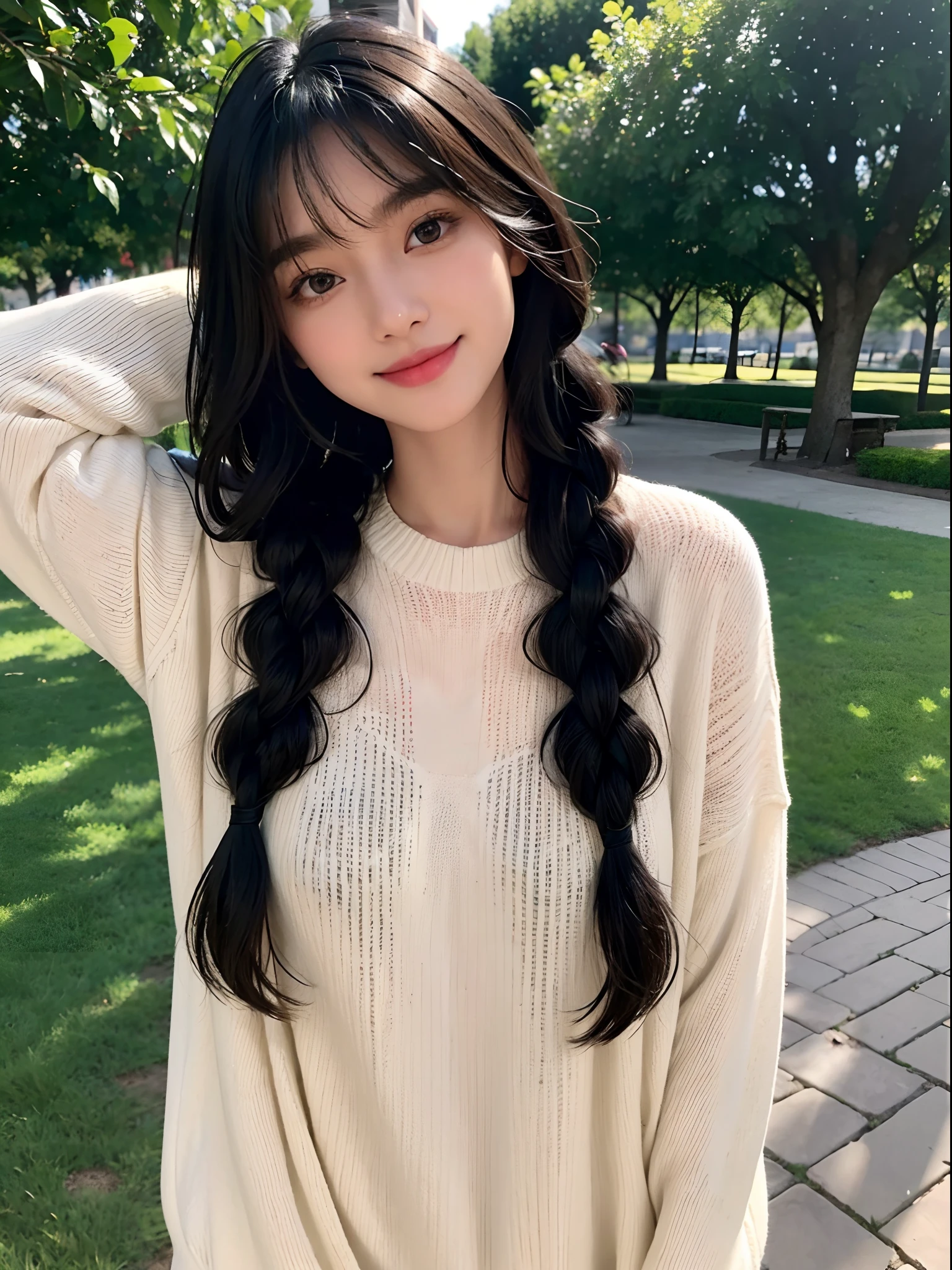 A woman with long black hair wearing a white sweater - SeaArt AI