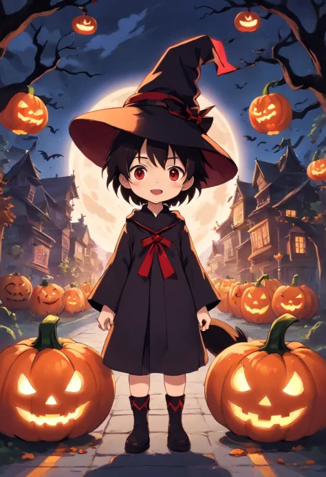 "Produce a spine-tingling Halloween-themed chibi anime artwork that juxtaposes cuteness with horror. Illustrate an adorable male chibi characters dressed as a classic horror icon (e.g., vampire, mummy, or witch) while surrounded by cute, yet spooky, elemen...
